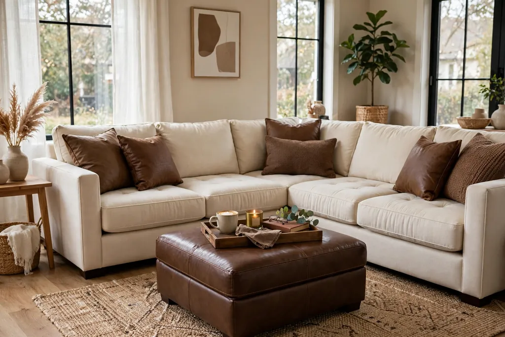 Cream sectional with brown cushions and a brown ottoman holding a tray
