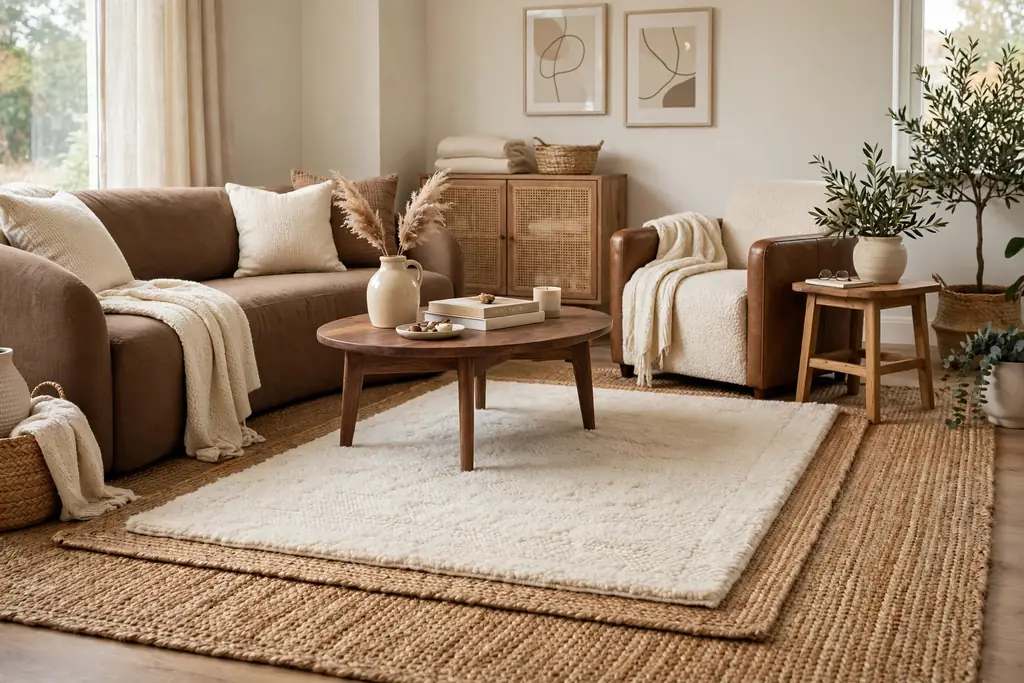 Jute rug layered under a cream wool rug in a brown and cream seating area