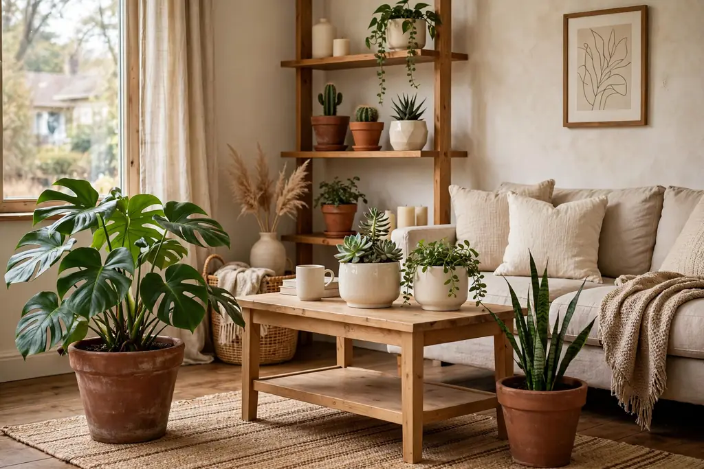 Plants in brown terracotta and cream ceramic planters at floor, table, and shelf heights