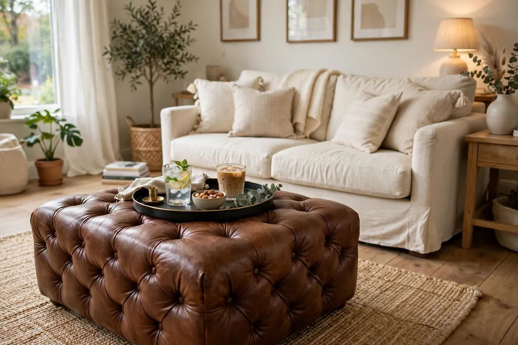 Brown leather ottoman used as a coffee table with a stable tray and drinks