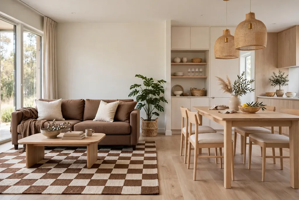Open plan room zoned by a brown and cream rug with a brown sofa and light dining side