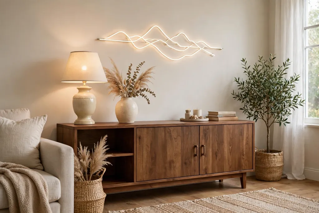Brown wood sideboard with a cream lamp and vase on top and light art above