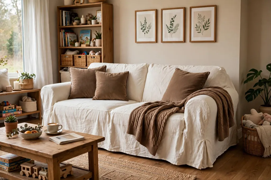 Washable cream slipcovered sofa with brown cushions and a throw in a family living room