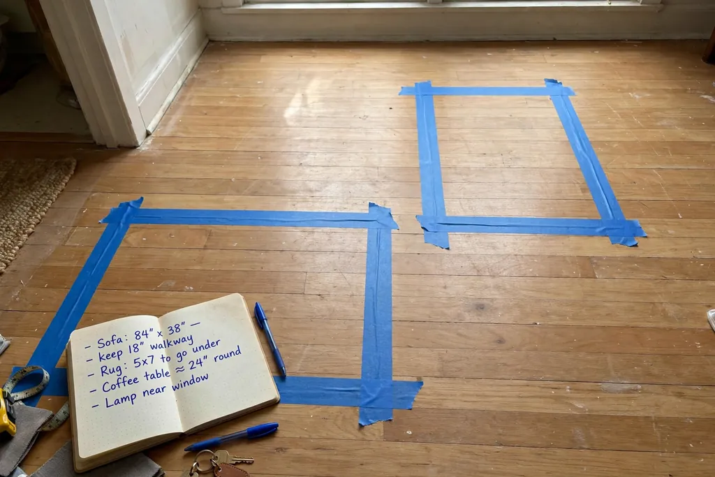 Small apartment living room floor with painter tape marking a sofa and rug footprint, and a notebook with a short spend list beside it.