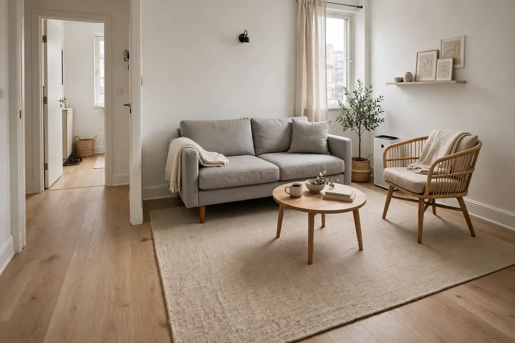 Small apartment living room with seating floated on one large plain flatweave rug, with the front sofa legs resting on the rug.