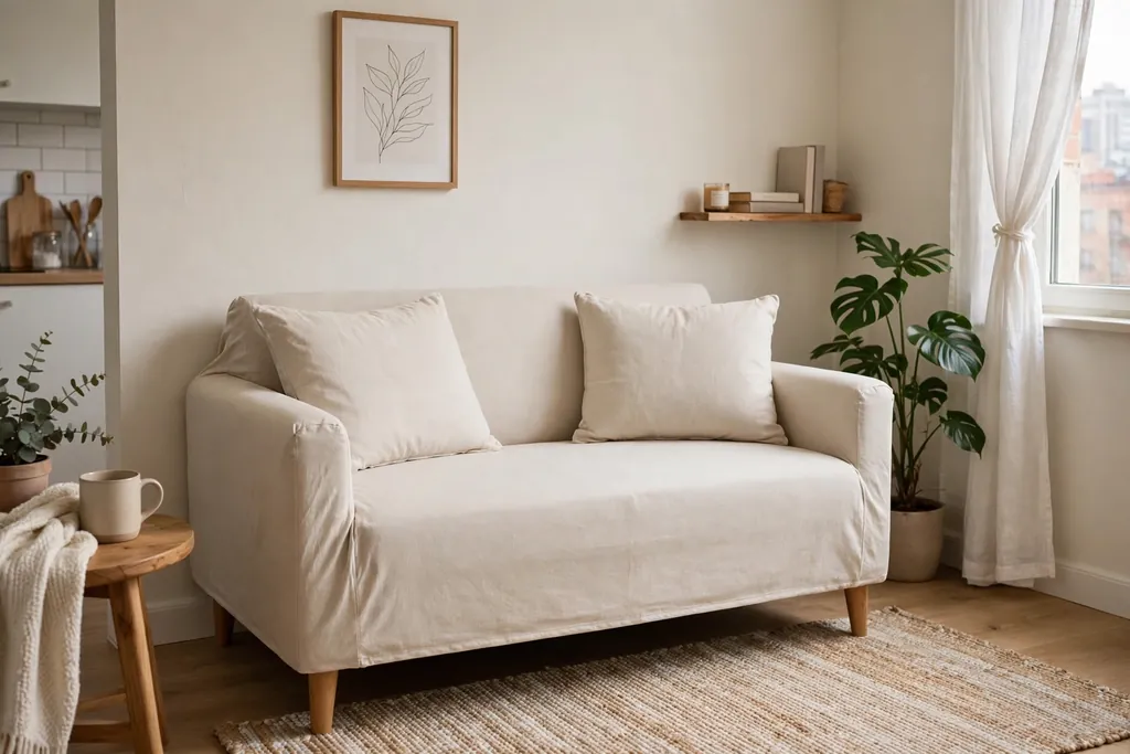 Compact sofa with a plain washable slipcover and neatly tucked cushions in a small apartment living room.