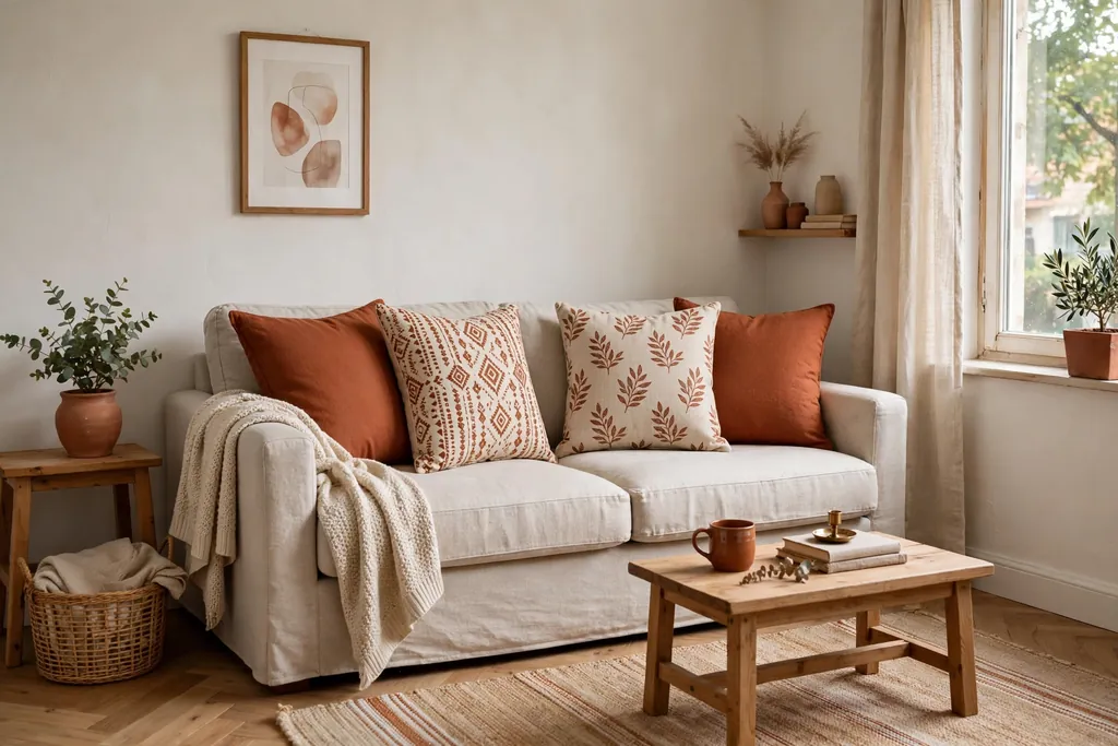 Sofa with fresh cushion covers in plain and patterned tones sharing one rust accent color in a small living room.