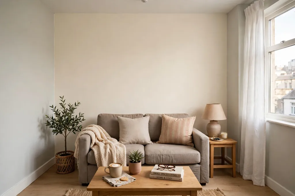 Small apartment living room with one freshly painted warm white accent wall behind a compact sofa.