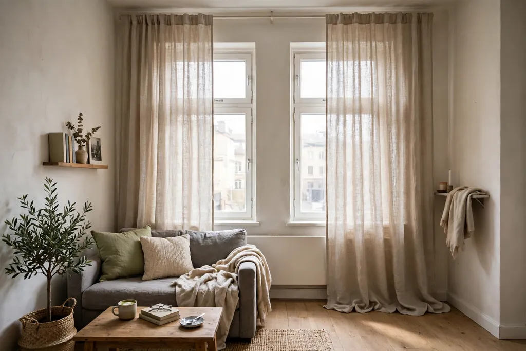 Small apartment living room windows with long linen look curtains hung near the ceiling and wider than the window frame.