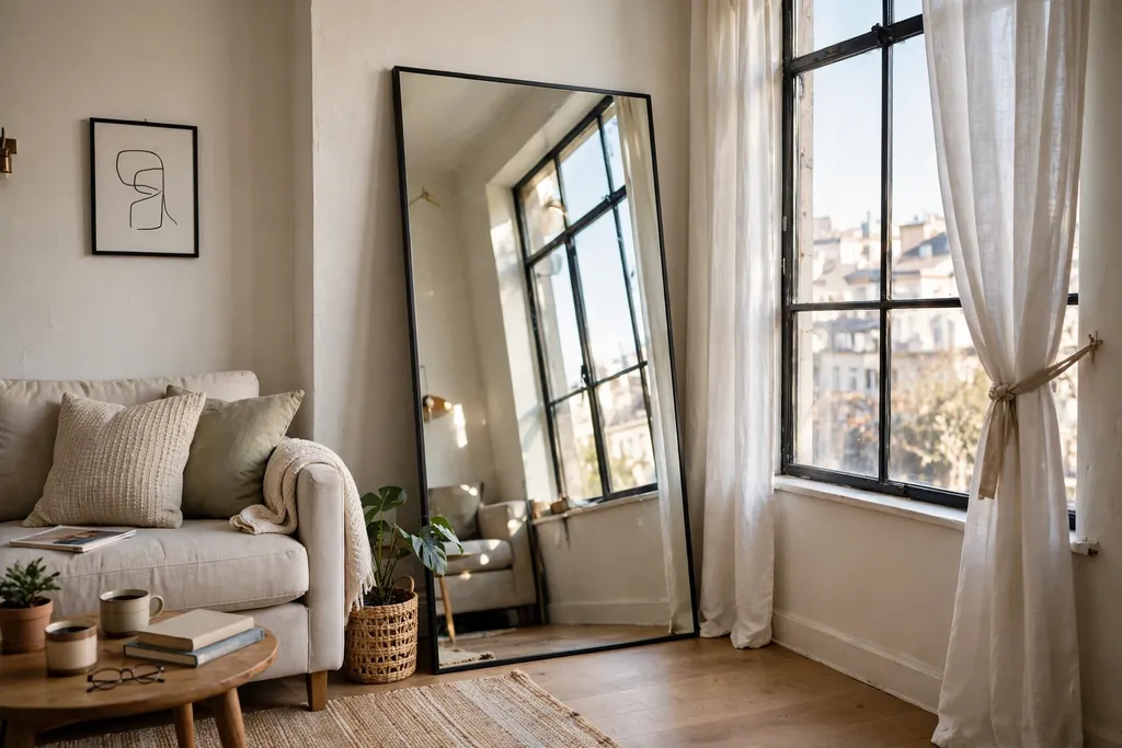 Large leaning mirror beside a window reflecting daylight in a small apartment living room.