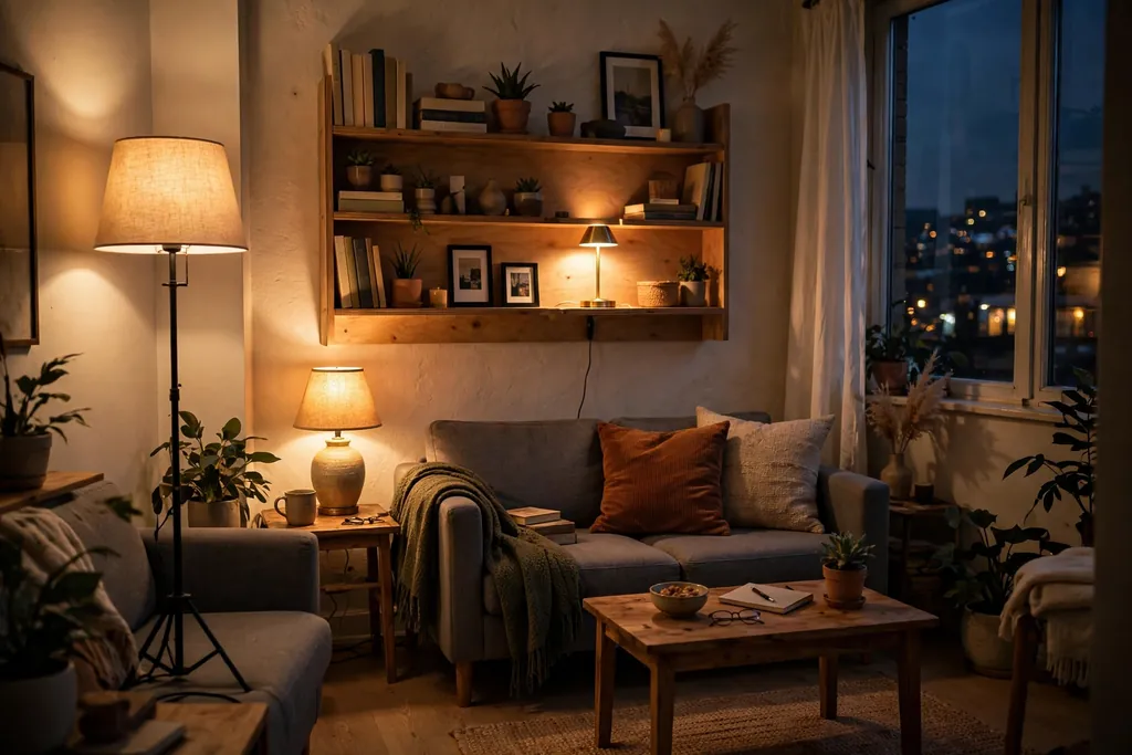 Small apartment living room in the evening lit by a floor lamp, a table lamp, and a small shelf lamp.