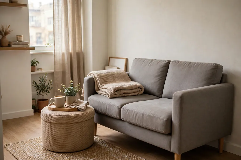 Small apartment living room with a storage ottoman with a tray beside a compact sofa, and a folded throw beside it.