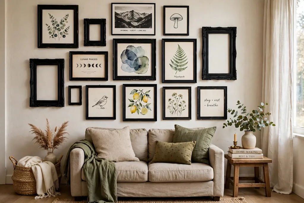 Gallery wall of home printed art in mixed thrifted frames painted one shared black color above a small apartment sofa.