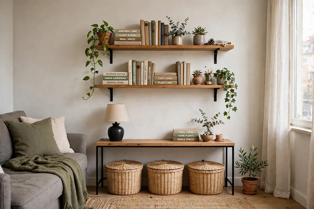 Small apartment living room with two wall shelves holding books and plants, and lidded baskets below a slim console.