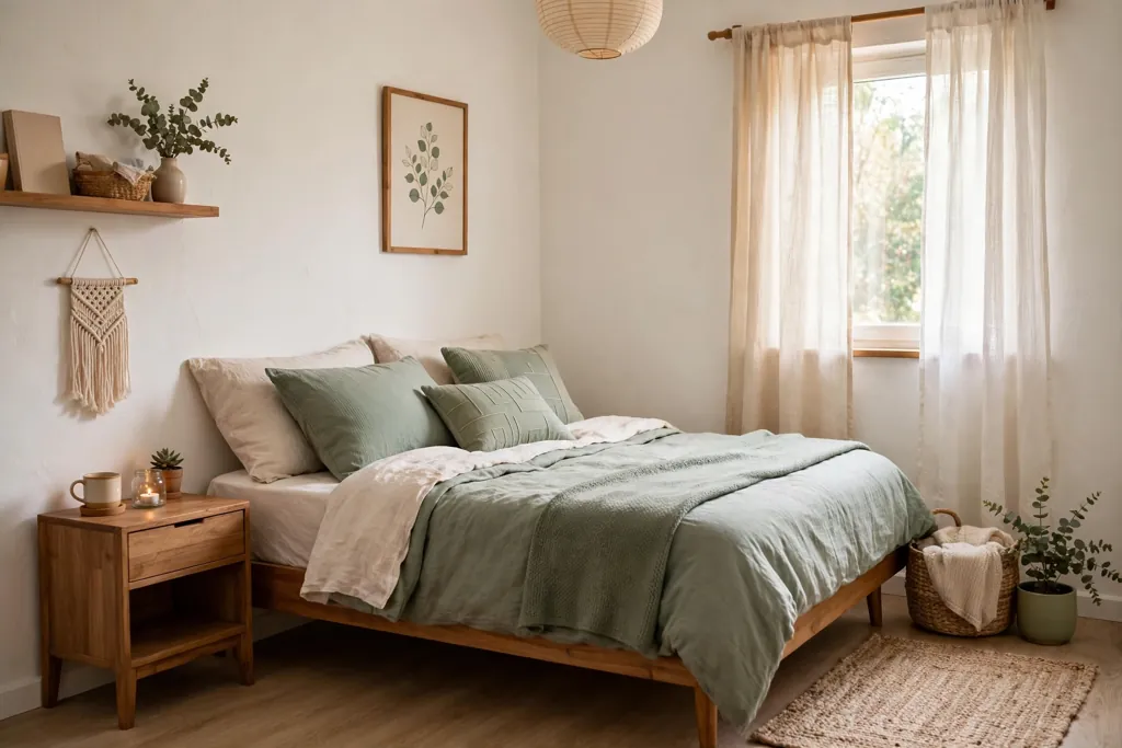 Small room with a calm three tone palette in warm white, mid wood, and sage across bedding and cushions.
