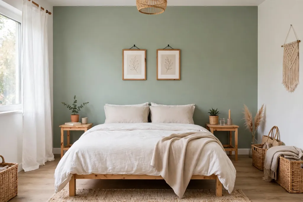 Bedroom with one soft sage painted accent wall behind a bed with plain bedding.