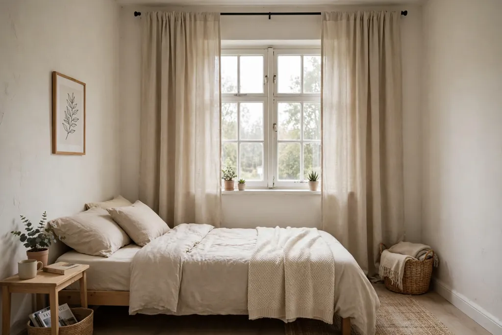 Small bedroom window with plain oatmeal curtains hung high and wide over a calm bed.