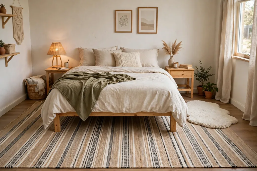 Bedroom with a large flatweave rug under the bed and a smaller soft rug beside it.