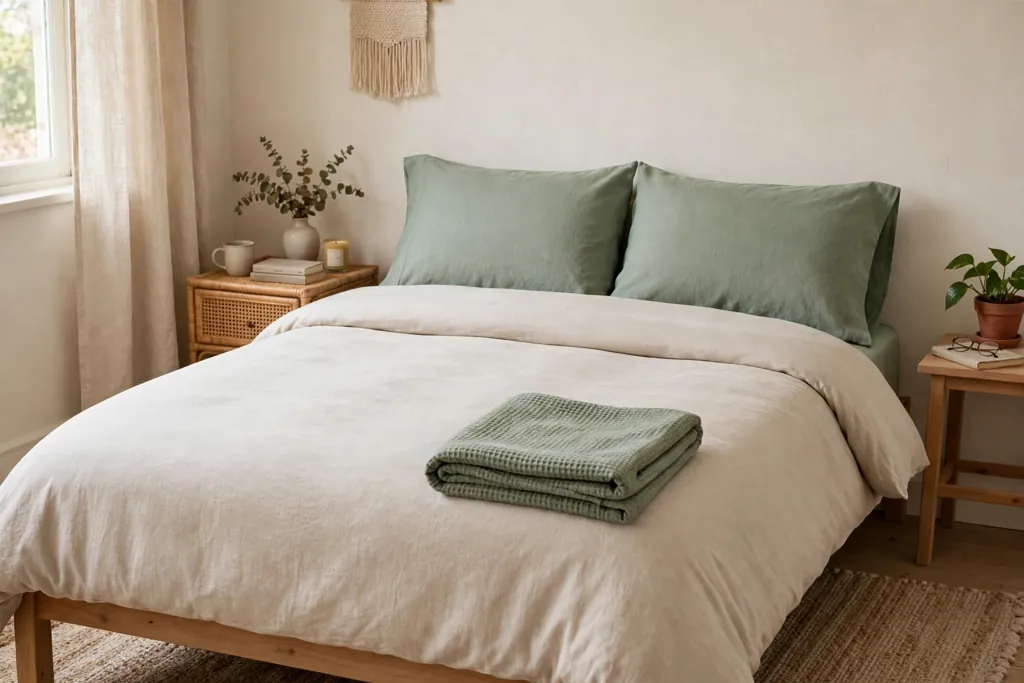 Neatly made bed with new cushion covers in sage and one folded waffle throw at the foot.