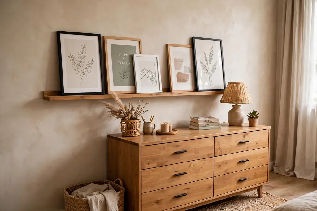 Bedroom wall with a wood picture ledge holding leaning framed prints above a dresser.