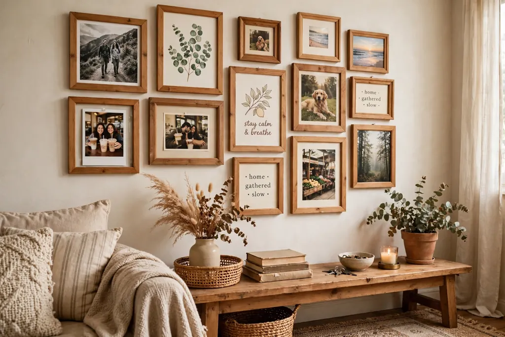 Wall group of thrifted wood frames in one finish holding personal photos and prints.