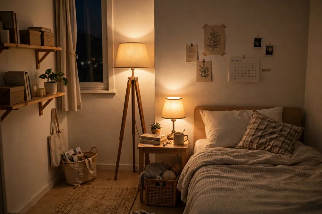 Small room in the evening lit by a floor lamp and a bedside lamp with a warm glow.