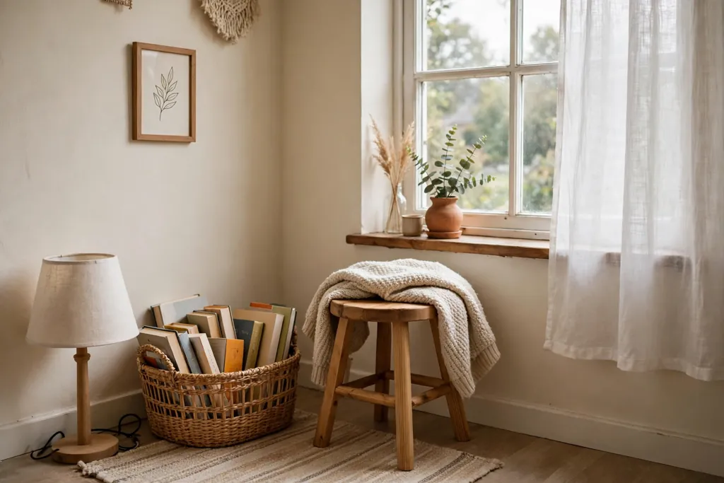 Small reading corner with a stool chair, a basket of books, a throw, and a lamp by a window.