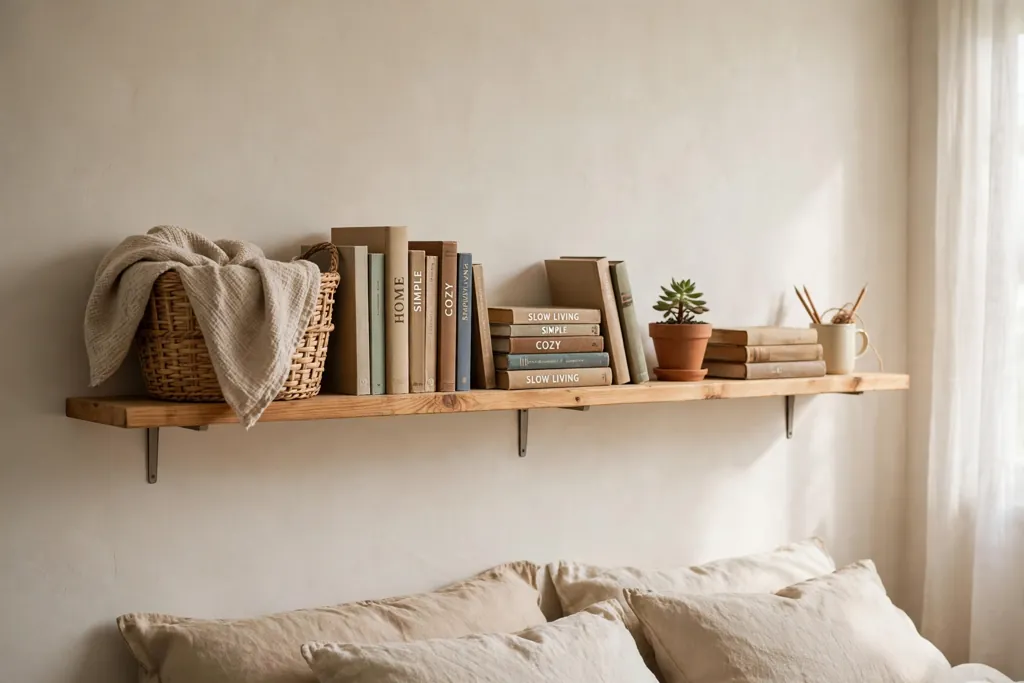 Bedroom wall with one run of open shelves holding books, a woven basket, and a small plant.