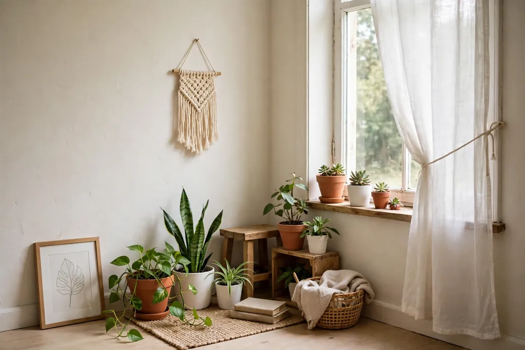 Small room corner with easy plants in plain terracotta and white pots beside a window.
