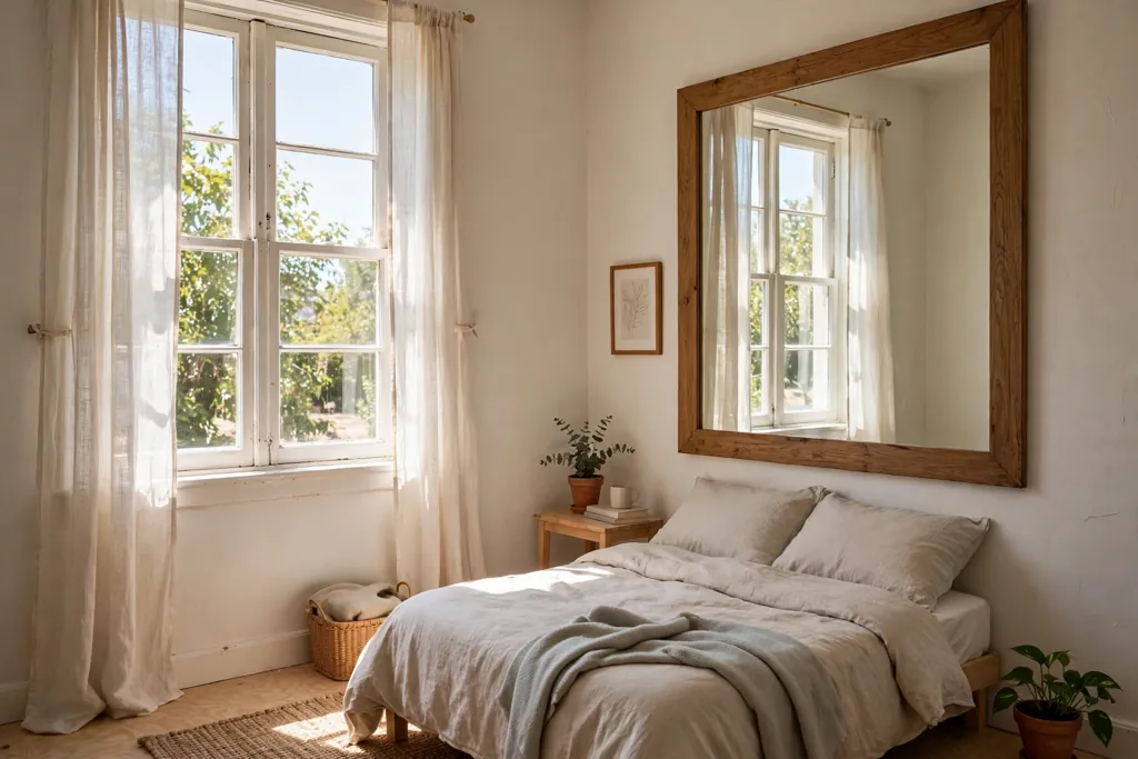 Small bedroom with a large wood framed mirror opposite a bright window reflecting daylight.