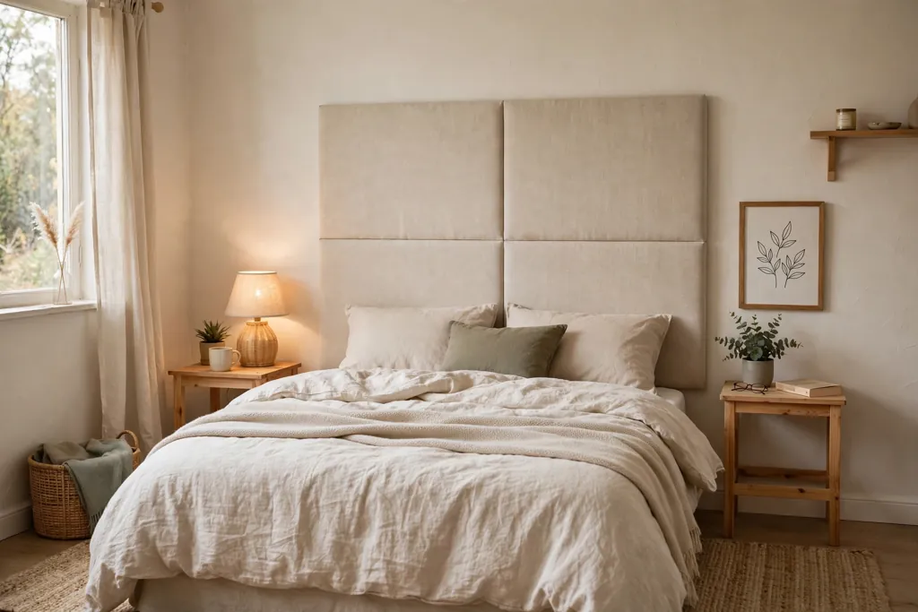 Bedroom with a simple fabric panel headboard in plain oatmeal behind a bed.