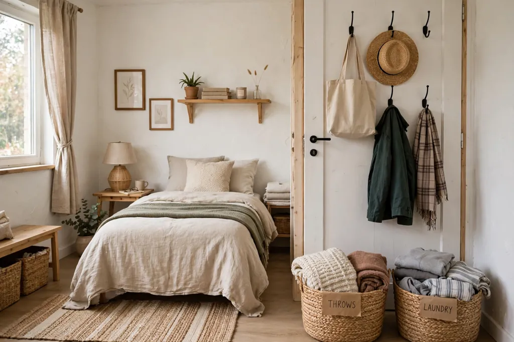 Tidy small bedroom with woven baskets for throws and laundry and hooks on the door.