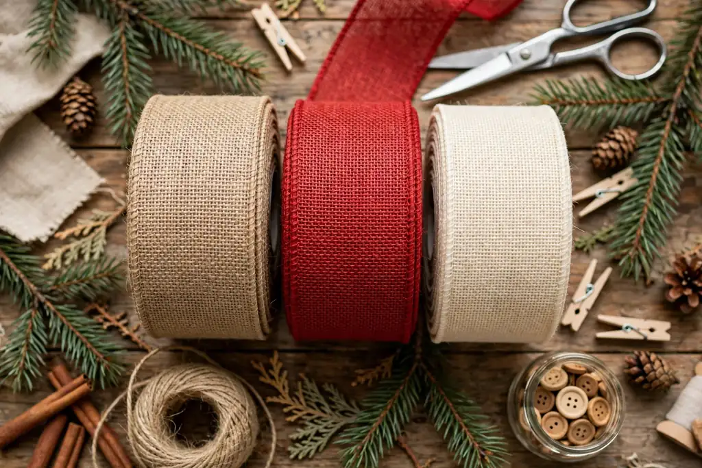 Rolls of wired burlap ribbon in natural tan, red, and cream arranged on a table with pine sprigs.