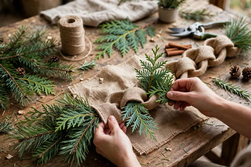 Pine and cedar sprigs being tucked into a burlap garland on a work table.