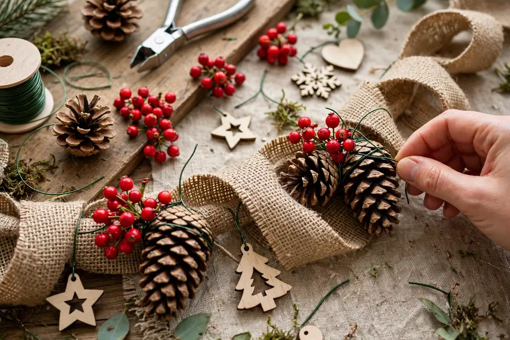 Pinecones, red berries, and small wood ornaments being wired onto a burlap garland.