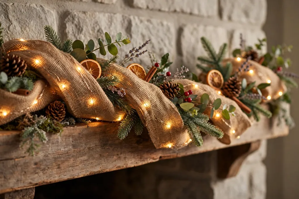 Warm fairy lights being woven through a decorated burlap garland on a mantel.