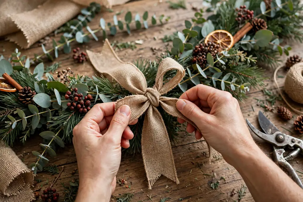 Hands tying a burlap bow over the finished end of a garland on a table.