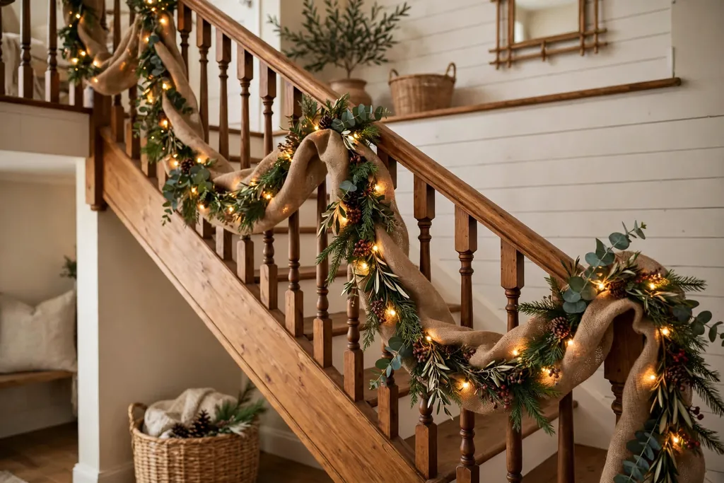 Finished burlap garland with greenery and lights draped along a stair rail with swags.