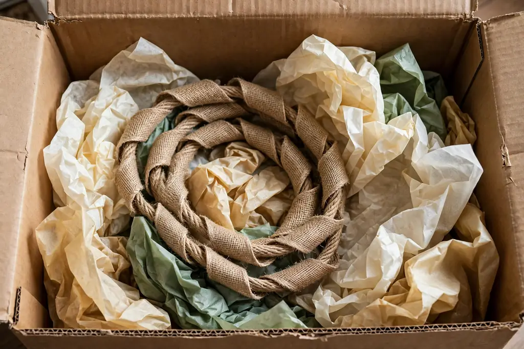 Burlap garland loosely coiled with tissue paper in a cardboard storage box.