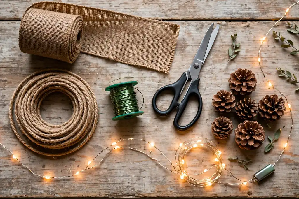 Burlap ribbon, cord, floral wire, scissors, pinecones, and fairy lights laid out on a work table.