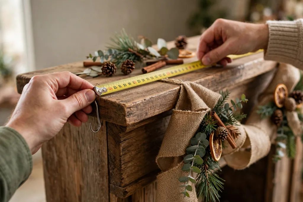 Hands measuring a wood mantel with a measuring tape, with a burlap garland draped nearby.