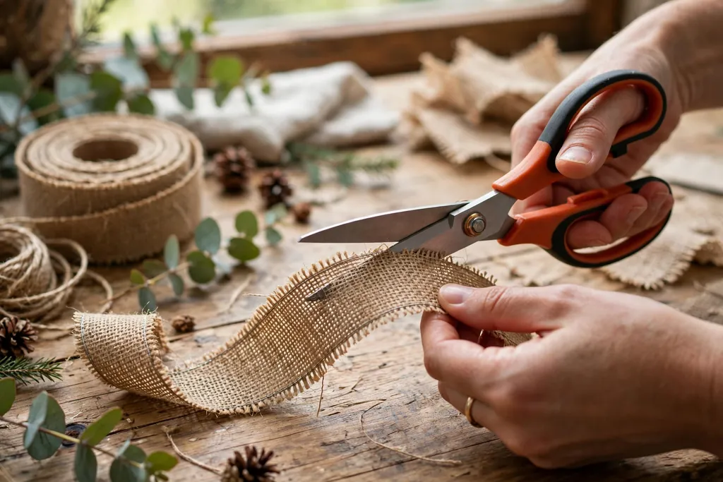 Hands cutting wired burlap ribbon with fabric scissors on a work table.