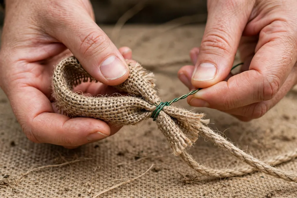 Hands forming the first burlap loop around a cord and securing it with floral wire.