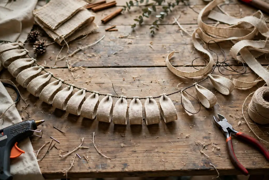 A row of even burlap loops wired along a cord on a work table, half finished.