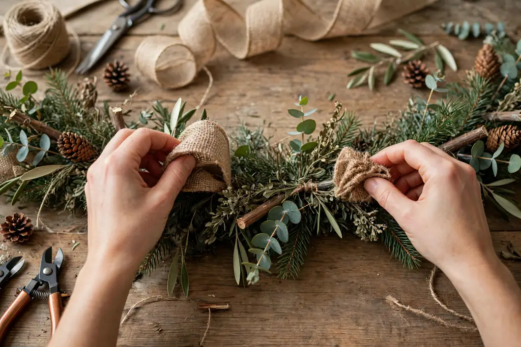 Hands fluffing burlap loops and filling a thin spot on a garland laid on a table.