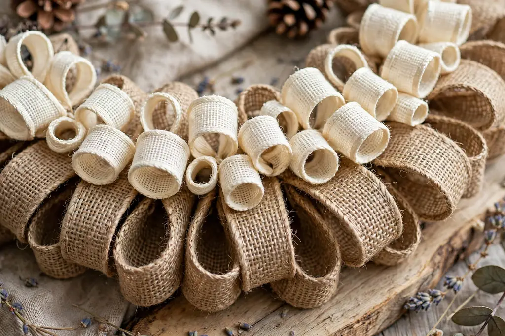 A second layer of smaller cream burlap loops added over natural tan loops on a garland.