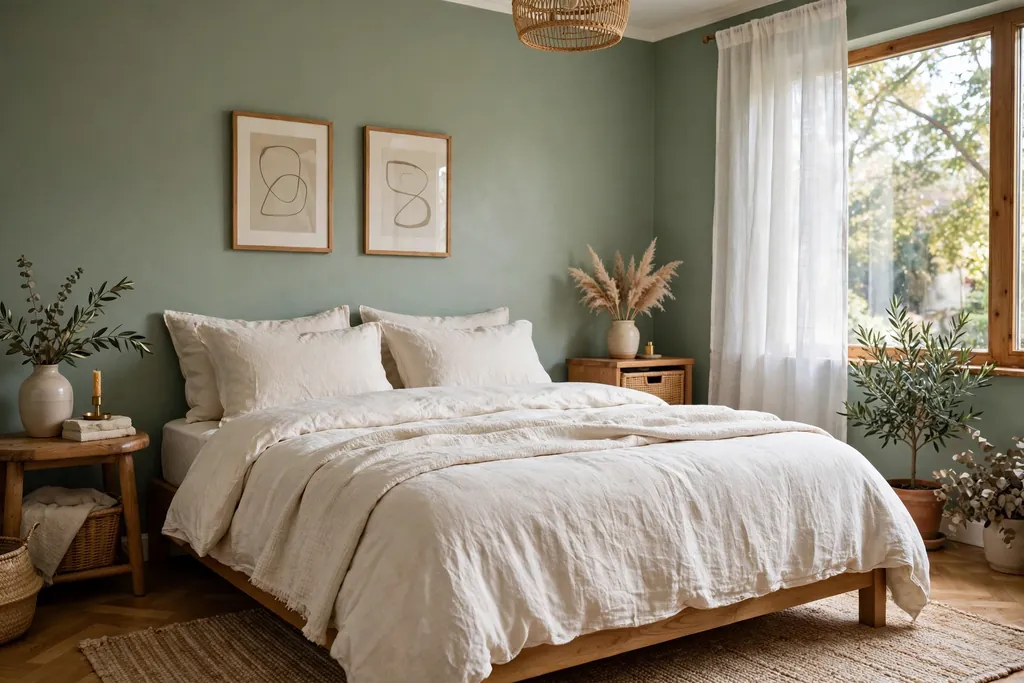 Bedroom with sage green walls and warm white linen bedding.