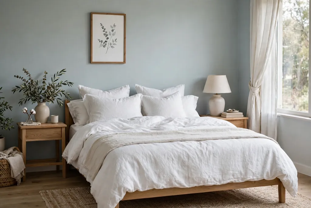 Bedroom with pale blue grey walls and white linen bedding.