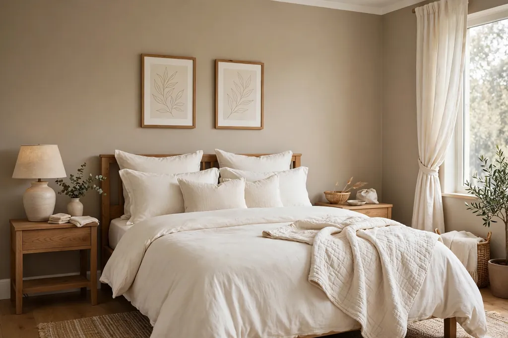 Bedroom with warm greige walls and ivory bedding.
