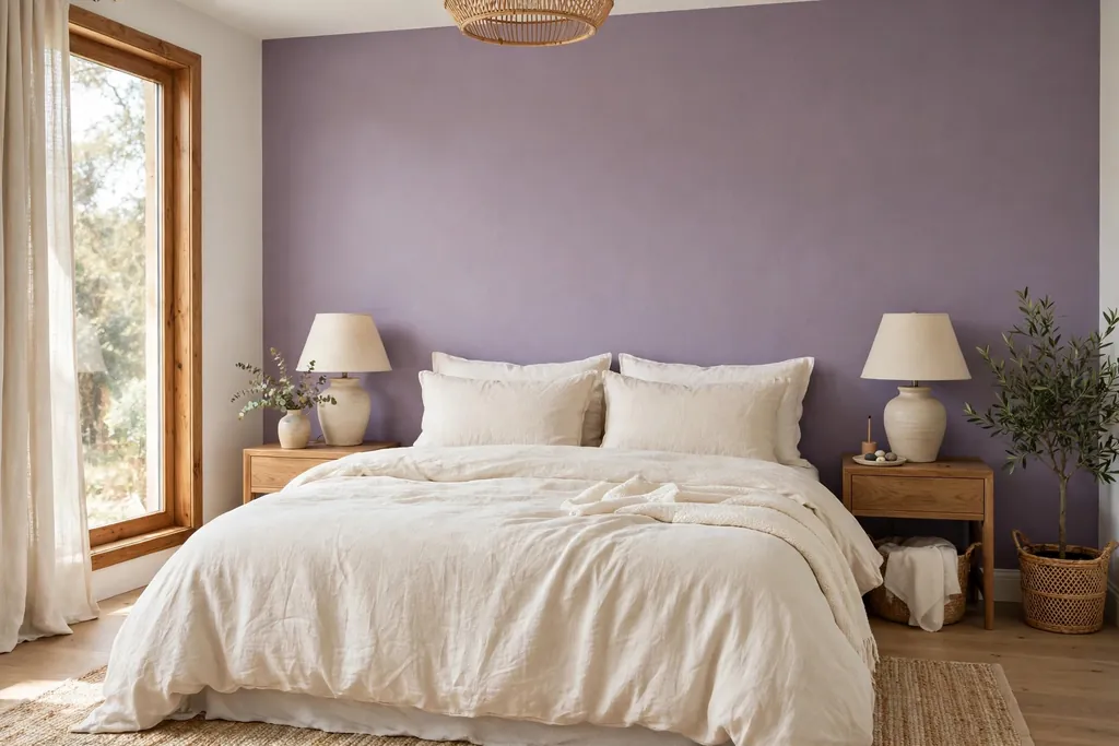 Bedroom with a dusty lavender accent wall and cream bedding.